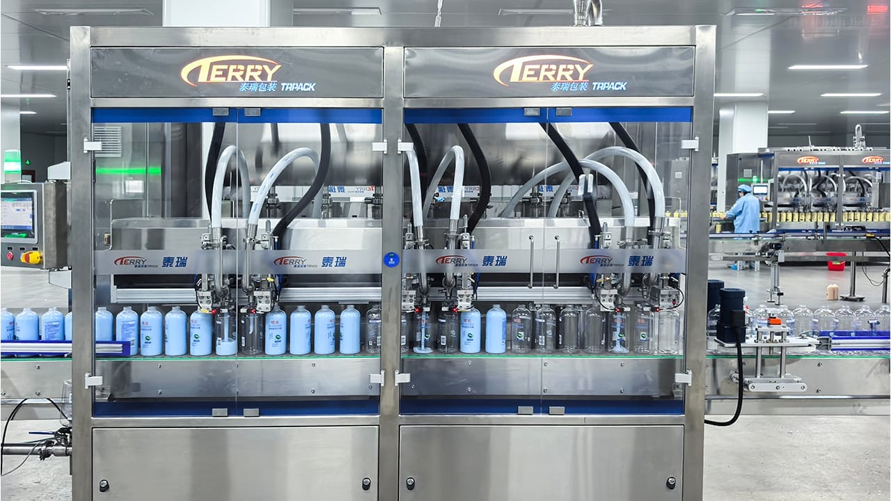 Six-Head Gear Pump Filling Machine, Ten-Head Continuous Cap-Securing Machine, Case Packer, Sealing Machine, Box Labeling Machine, Robot Palletizing Machine Project Site (4)